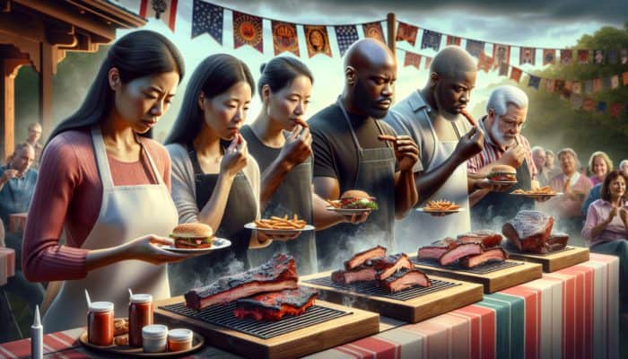 Judges tasting ribs and brisket at a lively local BBQ contest with smoke and banners.