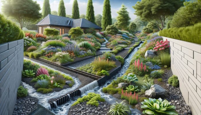 Yard Drainage Solutions in Burnaby: A vibrant garden featuring French drains, dry wells, and swales for effective yard drainage.