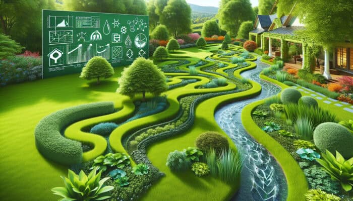 Beautiful swales and strategically placed berms in a lush yard, guiding and redirecting water flow for eco-friendly drainage solutions.