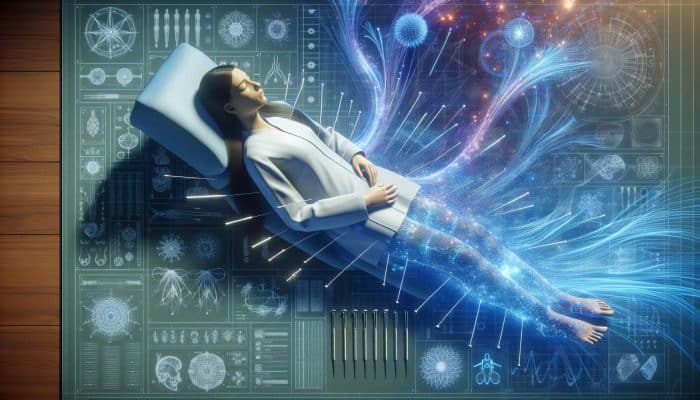 Acupuncture for Weight Loss Seekers: A person receiving acupuncture with needles and glowing energy representing 'qi' balance.