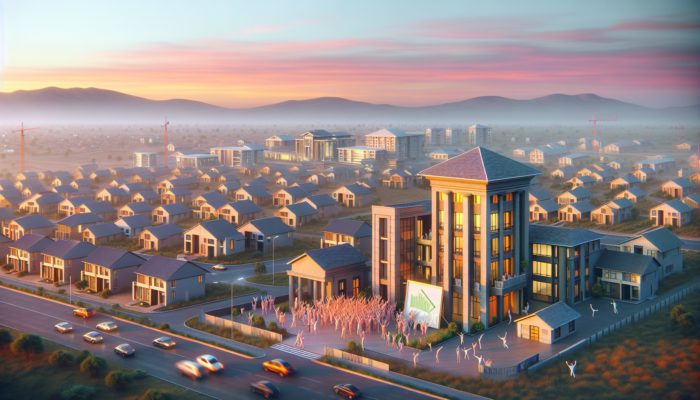 Aerial view of Tembisa at sunset, celebrating home loan pre-approval with vibrant homes and financial documents.