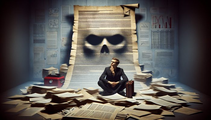 A concerned individual in the UK surrounded by various financial documents, contemplating a significant loan contract.