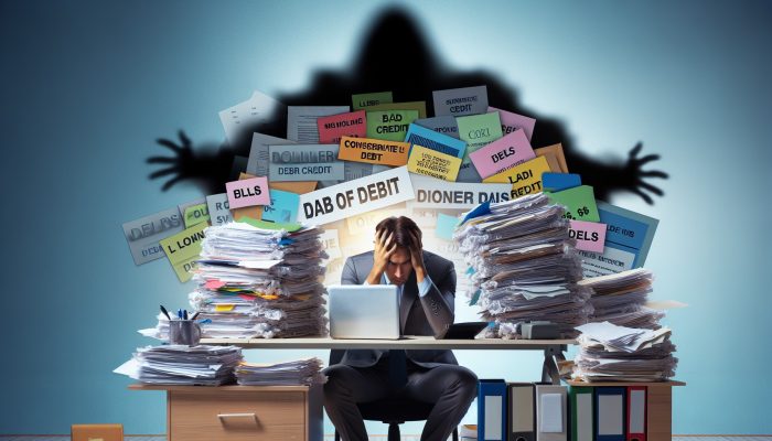 Person with a worried expression at a desk, surrounded by bills, struggling with debt consolidation due to bad credit.
