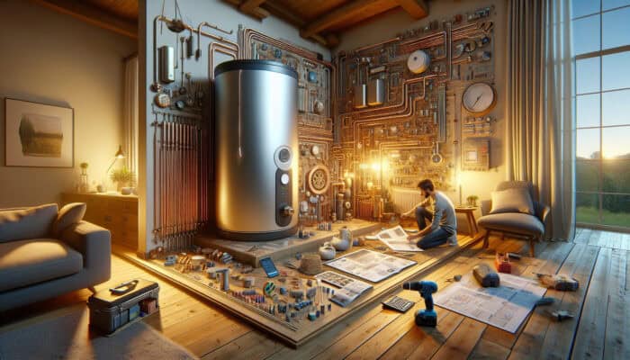 A modern hot water tank in a cozy home, homeowner studying a selection guide, warm lighting.