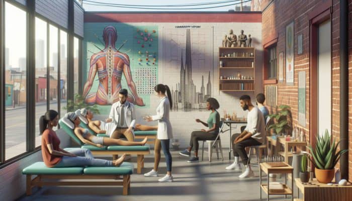 A serene acupuncture clinic in a vibrant low-income neighborhood, with diverse patients and expert practitioners.