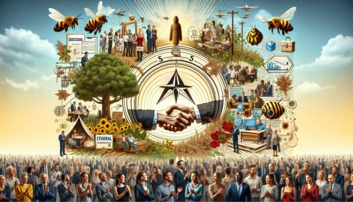 Creating Ethical Content for Brand Trust: A vibrant collage illustrating a brand's success through ethical content, with symbols of trust, loyalty, and diverse, value-driven customers.