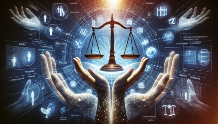 Abstract composition of ethical principles: integrity, transparency, respect, radiating from central light.