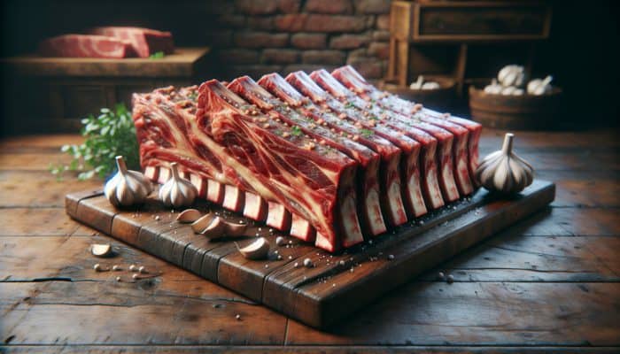 Well-marbled beef ribs with a thick fat cap on a rustic table at a butcher shop, ready for smoking.