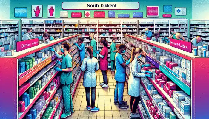 A busy South Ockenden pharmacy with shelves of various sterile gloves, customers and healthcare professionals browsing.