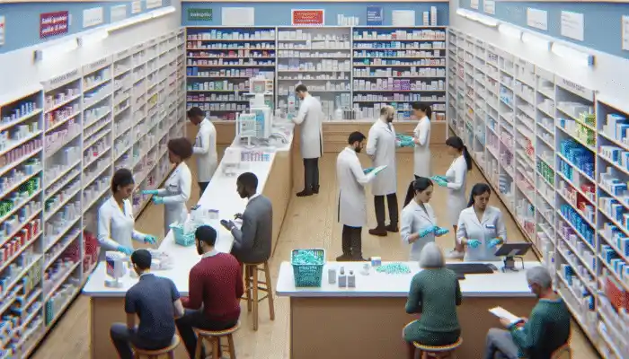 Local pharmacy in South Ockenden with shelves of sterile gloves and staff assisting customers.