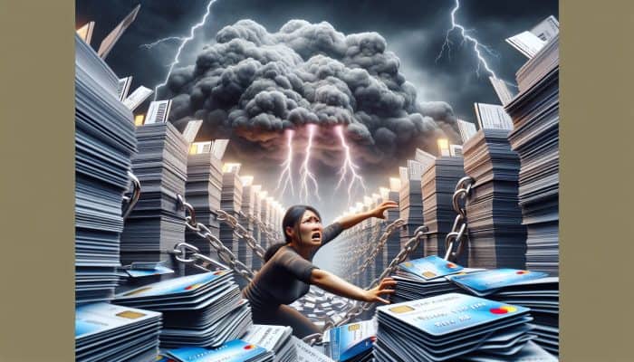 How a Consolidation Loan Saved My Finances: Person overwhelmed by towering credit card and loan stacks, struggling with high interest and late fees.