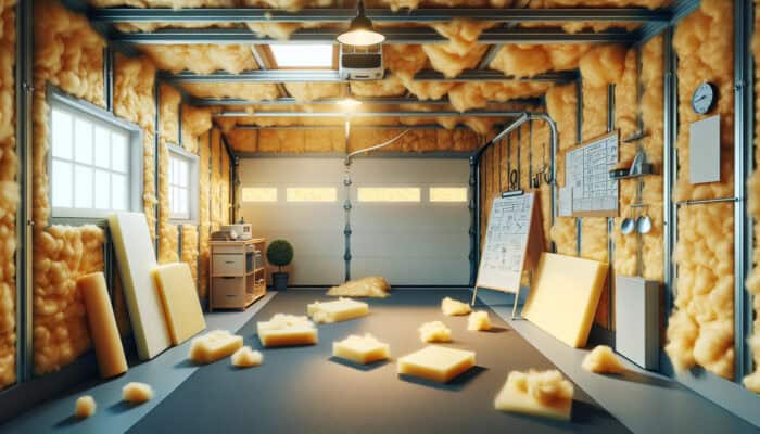Clearing a UK Garage in Winter: Garage interior with foam boards, fibreglass batts, and reflective insulation on walls and ceiling for warmth and energy efficiency.