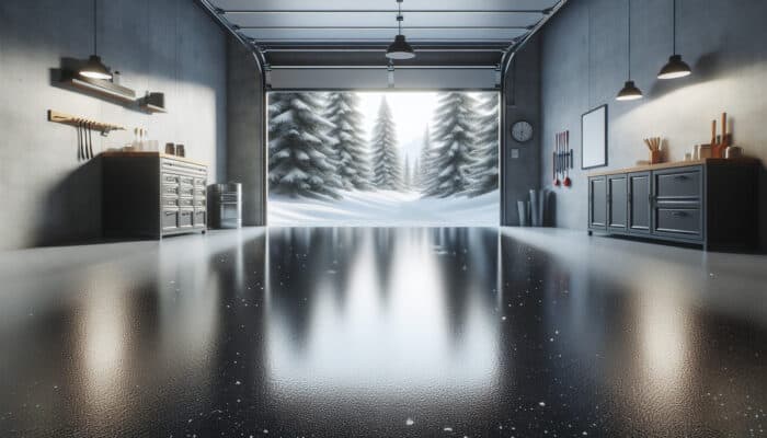 Garage floor with glossy epoxy coating, resisting winter salt and moisture, non-slip, snowy landscape visible through open door.
