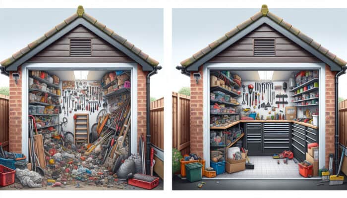 A UK family's garage transformed into an efficient workspace with vertical shelving and pegboards.