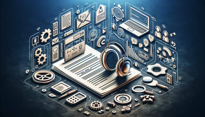 How to Create SEO-Friendly Video Transcripts: A transcript document with text and video icons, hearing aids, and search engine logos, enhancing accessibility and SEO.