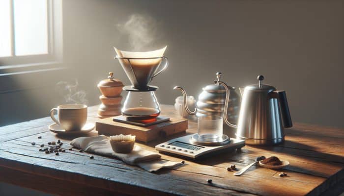 How to Make Coffee Without a Machine: A rustic wooden table with manual coffee setup including grinder, cloth filter, kettle, scale, and mug in morning light.