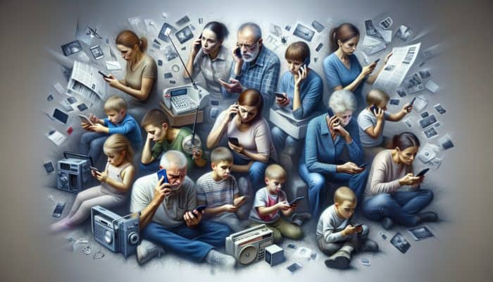 Emergency Family Plan: A family using phones, radios, and digital devices to stay connected during an emergency across different locations.