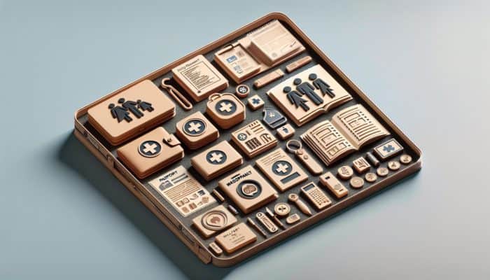 Emergency kit on table with labeled sections for contacts and important documents like passports, insurance.