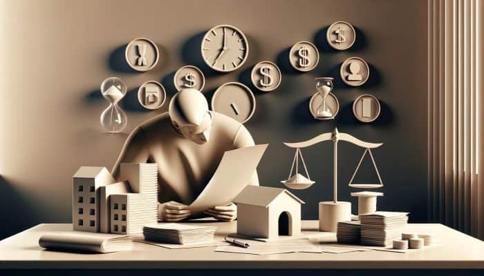 Person comparing loan documents and interest rates at desk with financial charts and budget planner.