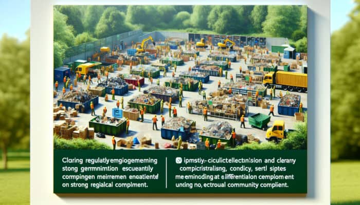 A UK clearing site efficiently sorting and recycling materials, with community engagement and clear regulatory compliance signage.