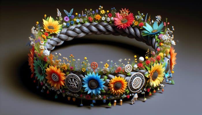 A solstice braided crown with vibrant flowers and cultural motifs, symbolizing personal milestones and beliefs.