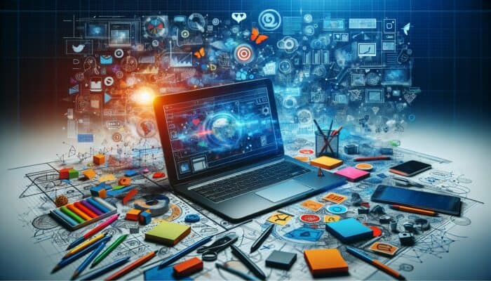 A laptop showing Pinterest with colorful sticky notes and sketches around, depicting video pin creation strategies.