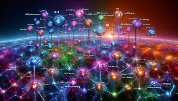 A vibrant digital landscape showing interconnected nodes of various marketing channels enhancing online presence for Dorchester businesses.
