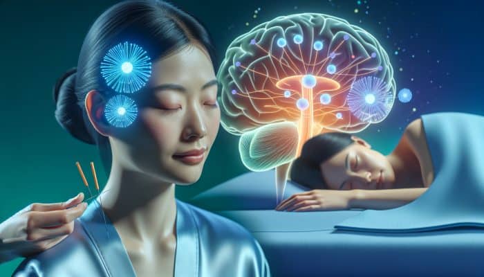 Acupuncture for Mental Health Studies: Asian woman receiving acupuncture, surrounded by calming colors, with brain activity and peaceful sleep scene.