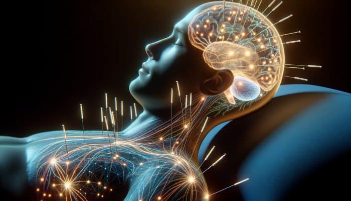 A serene person undergoing acupuncture with glowing brain neurotransmitter systems, highlighting serotonin, dopamine, and radiating endorphins, symbolizing mood enhancement.