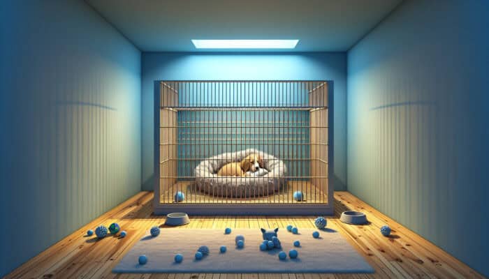 A cozy puppy haven with a soft bed in a crate, surrounded by calming blue walls and gentle lighting, with toys and water nearby.
