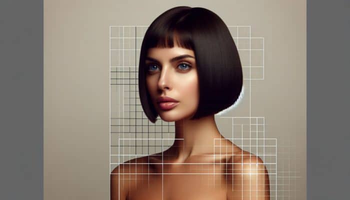 A woman with a sleek, chin-length blunt bob hairstyle, styled straight and smooth.