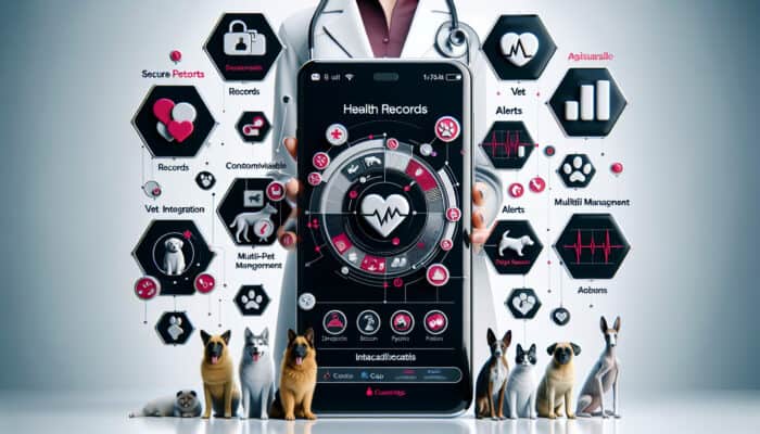 A smartphone displaying a health app with pet records, vet integration, and multi-pet management, with a vet and pets in the background.