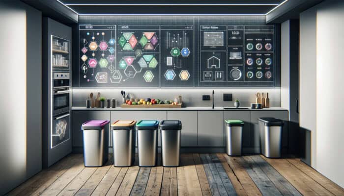 A modern UK kitchen with a high-tech waste sorting system, including color-coded bins and a digital display.