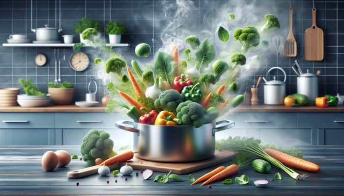 Best Ways to Steam Vegetables for Flavour: Colorful vegetables like broccoli, carrots, and bell peppers steaming over boiling water in a modern kitchen.