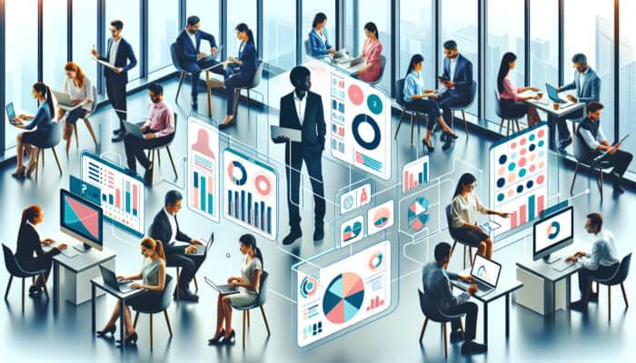 A diverse group of professionals using personalized digital tools in a modern office for tailored learning.