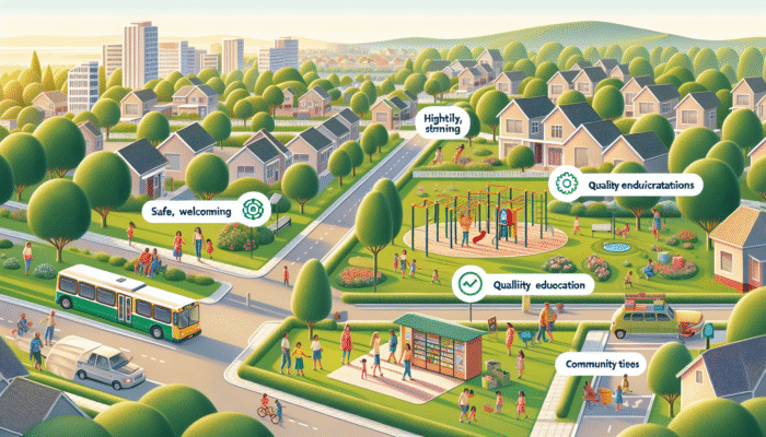 A vibrant Mahikeng neighborhood with safe streets, children playing in parks, families shopping locally, near top schools, with community events and efficient public transport.