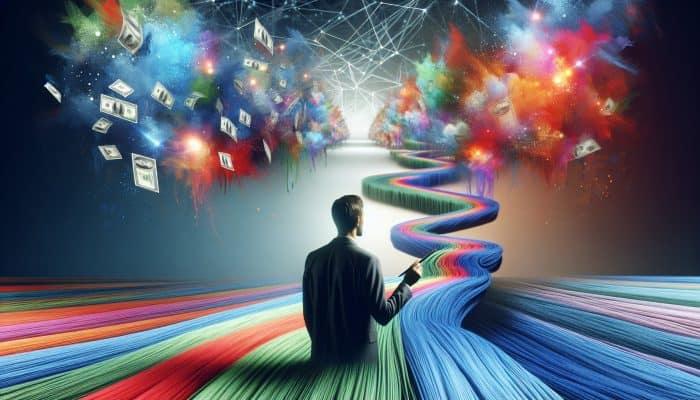 Debt Consolidation Success Stories to Inspire You in the UK: Person feeling relieved as colorful debts merge into a calm river, symbolizing debt consolidation and financial stability.