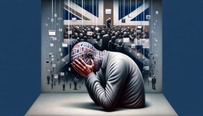 Overcoming Debt Shame With Consolidation Loans: A person in the UK, head bowed, surrounded by societal pressures and financial statements, feeling trapped and embarrassed.