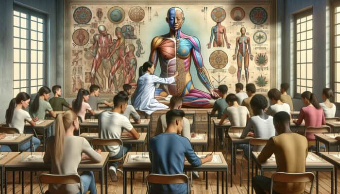 Students in a classroom learning acupuncture, with anatomy charts and a mentor demonstrating on a model.