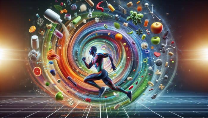Boosting Immunity With Athletic Supplements: An athlete running with colorful supplements swirling around, enhancing performance and health.