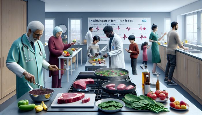 In a modern UK kitchen, diverse people including elderly men and women prepare iron-rich meals with red meat and greens, as an NHS doctor consults on health.