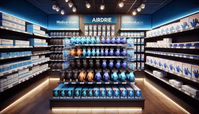Nitrile Gloves in Airdrie: Vibrant display in Airdrie UK store: blue medical-grade nitrile gloves and black industrial ones, with colorful packaging and logos under bright lights.