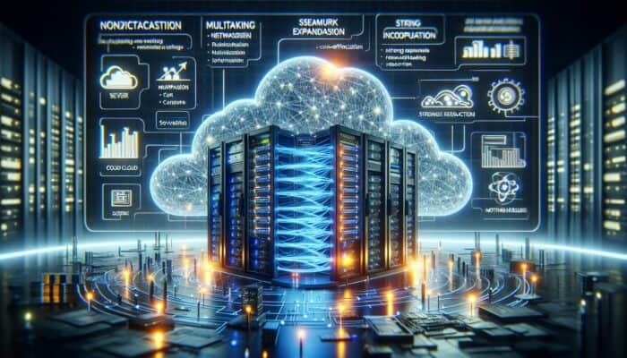 High-tech server room with glowing digital threads connecting servers and clouds, symbolizing efficiency, scalability, and reliability in modern hosting.