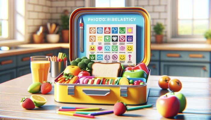 A colorful school lunchbox with nut-free foods like fruits, vegetables, and a sandwich, with a cheerful note.