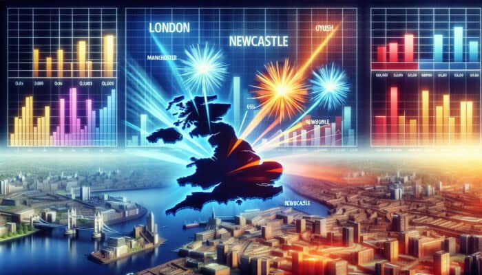 Understanding the UK Rental Market Dynamics: A map displaying rental market trends, pricing indicators, and economic graphs.