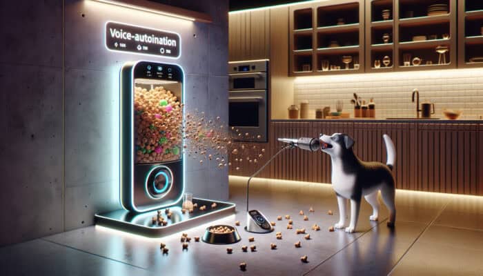Voice-activated treat dispenser in a modern kitchen with a dog barking at a microphone, treats cascading into a bowl, and glowing LED lights.