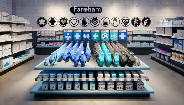 Nitrile Gloves in Fareham: A vibrant display of Nitrile gloves in a Fareham store: smooth blue powder-free and textured black ones, arranged with hygiene symbols for safety.