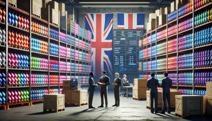 A bustling UK warehouse with shelves of colorful gloves, suppliers negotiating deals under Union Jack banners amid crates and equipment.
