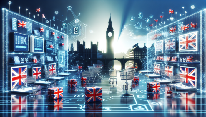 A modern WooCommerce dashboard for UK e-commerce, featuring shopping carts, pound icons, Union Jack flags, Big Ben, and secure data flows.