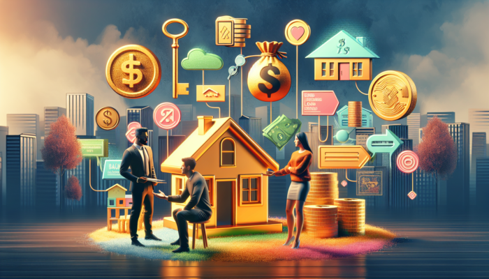 A diverse first-time buyer in Klerksdorp consulting with a financial advisor amid FLISP grants, bank loans, and model home symbols.